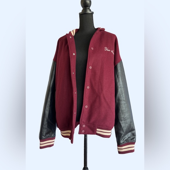 Top Man Burgundy Bomber Varsity Jacket - Picture 1 of 15